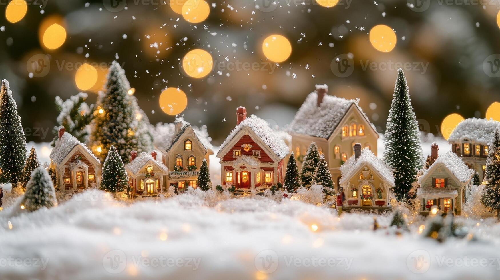 Christmas Village Scene with Snow and Lights, Festive Holiday Spirit photo