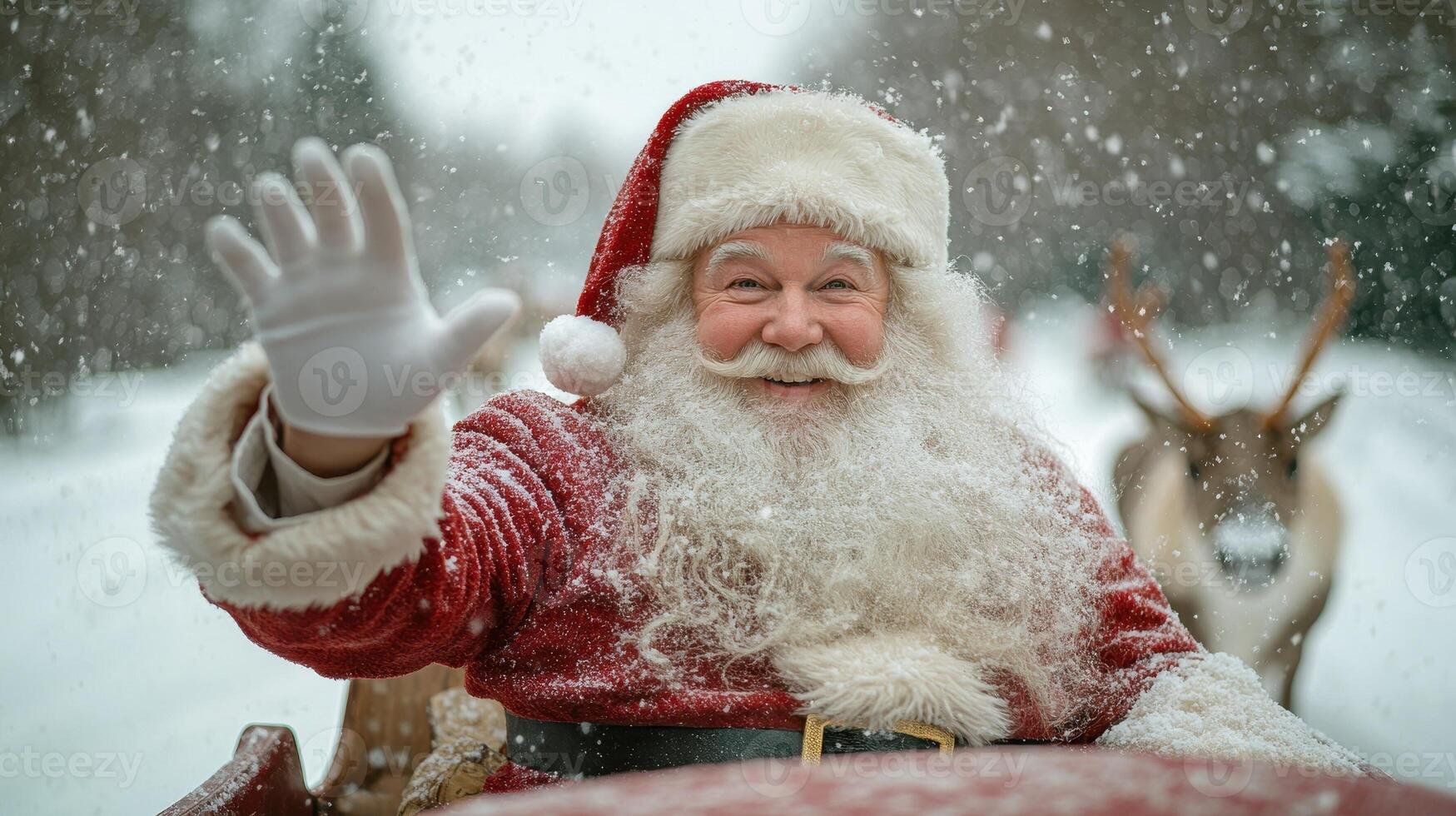 Santa Claus Waving from Sleigh in Snowy Forest, Christmas Magic photo