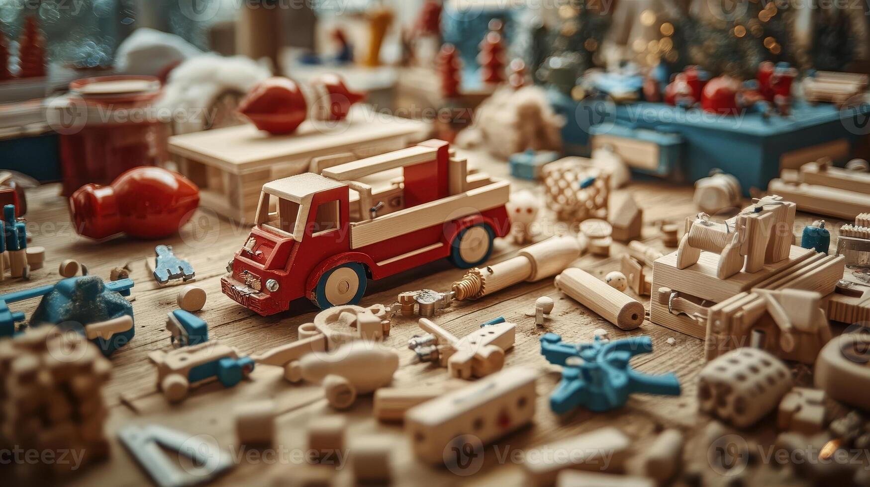 Red toy truck and wooden construction toys scattered on a table. Concept of childhood, playtime, creativity, imagination, learning, development photo