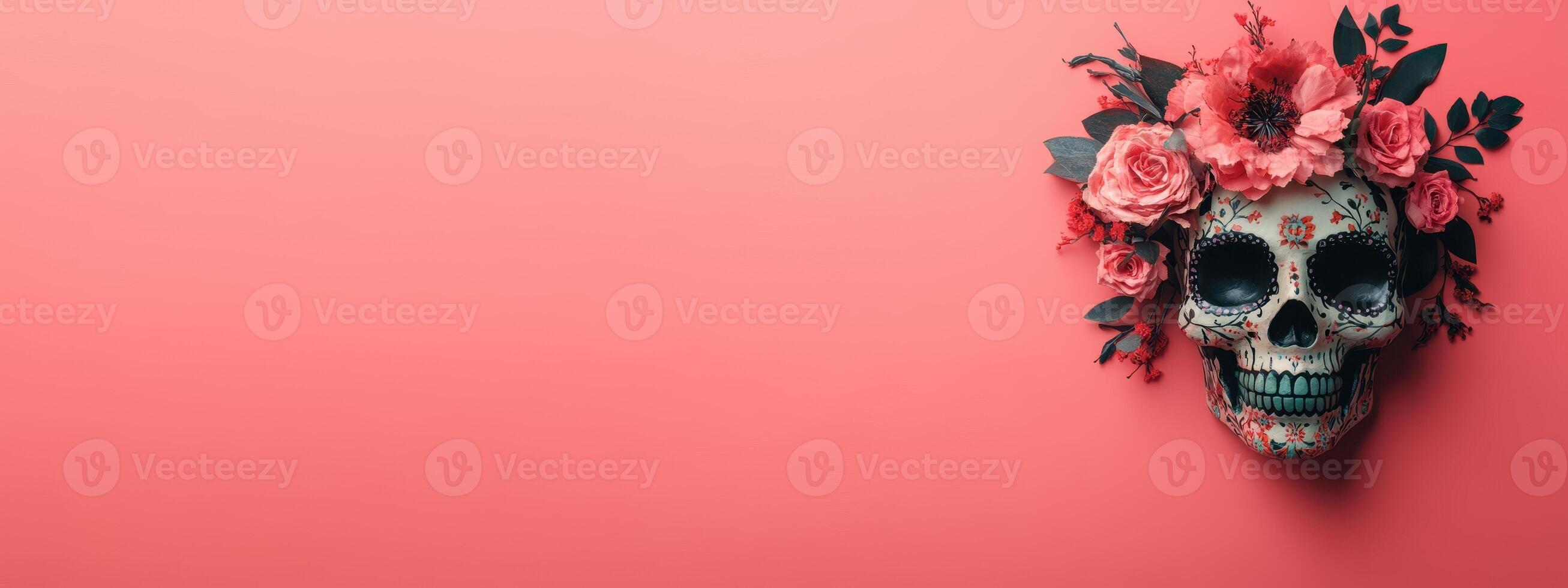 Day of the Dead or Sugar Skull decorated with flowers on pink background with copy space photo