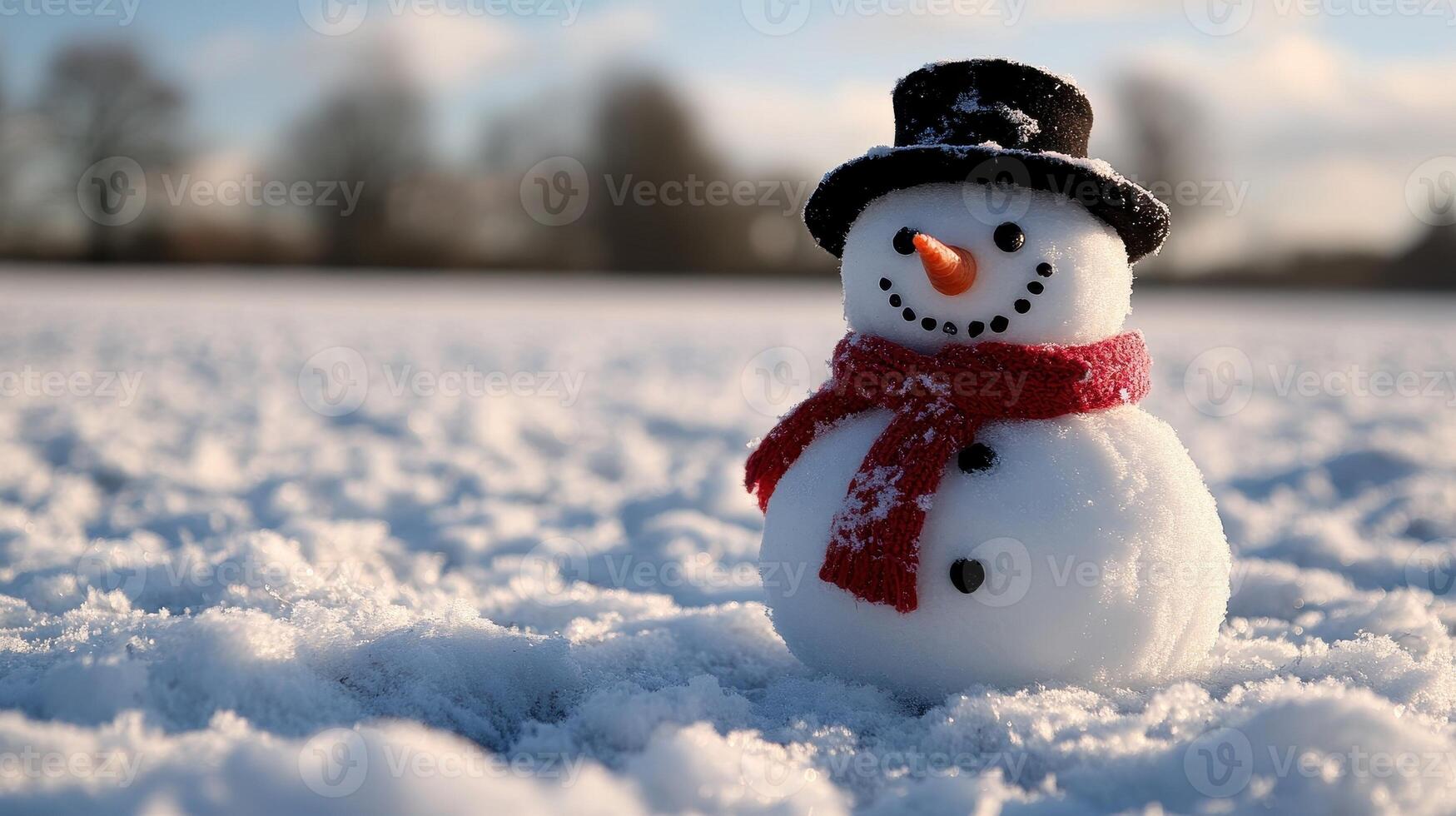 Happy snowman with a top hat and red scarf stands in a snowy field on a sunny winter day. Festive background with copy space for winter and Christmas concepts. photo
