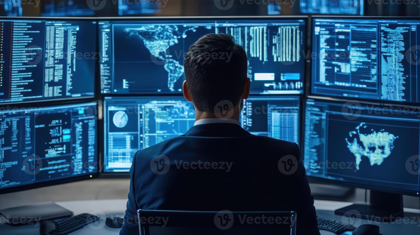 Cybersecurity Analyst Monitoring Global Network Security. Concept of data protection, threat intelligence, and cyber defense. photo