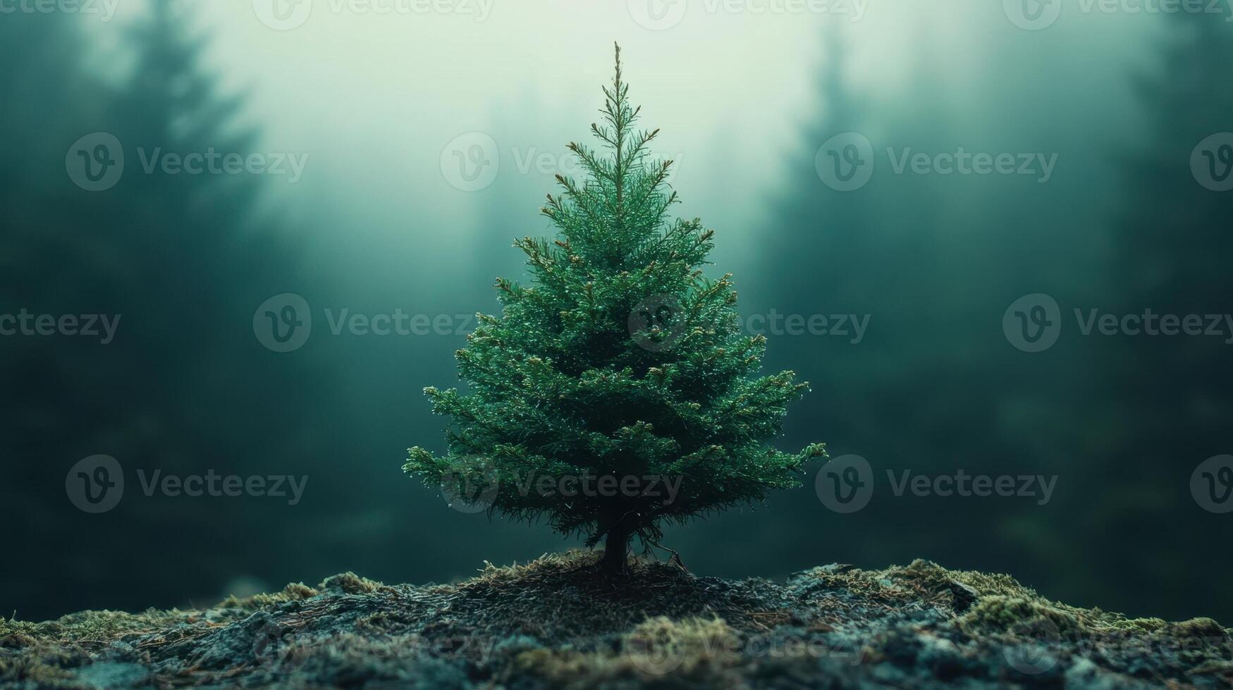 Single small pine tree growing on a hill in a misty forest. Concepts of solitude, resilience, new life, and the beauty of nature. photo