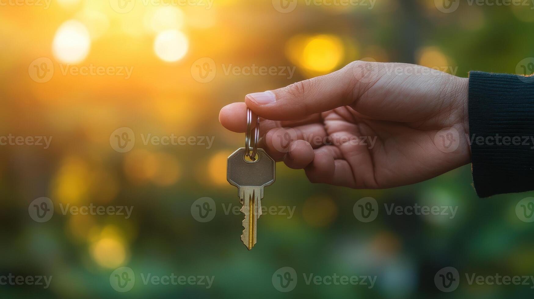 Hand holding house keys with bokeh sunset background. Concept of new home, real estate, property purchase, investment, and mortgage. photo