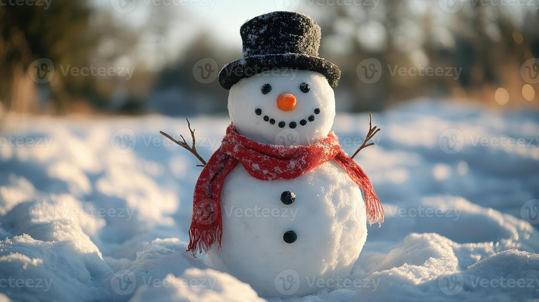 Snowman with red scarf and black hat. Winter snowman in snowy landscape. Christmas and New Year concept. photo