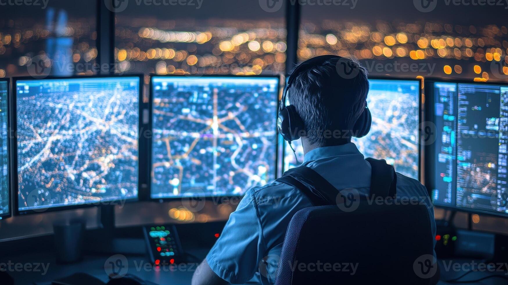 Air Traffic Controller Working in Airport Tower at Night, Monitoring Flights on Multiple Screens photo