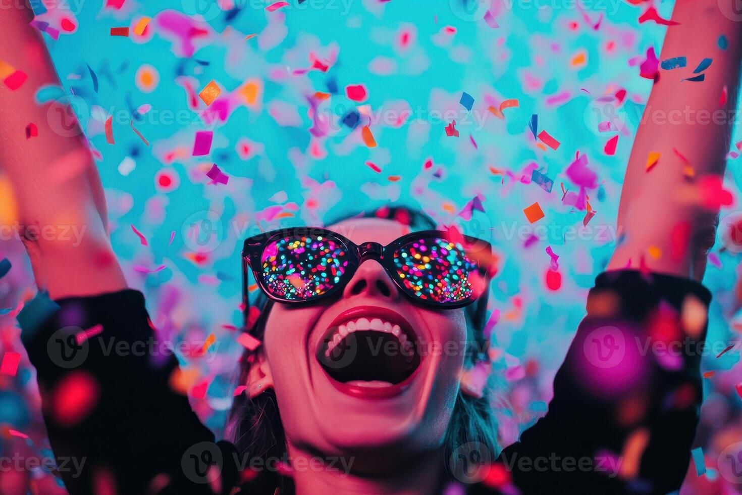 Euphoric Woman Celebrates with Confetti Explosion. Concept of Party, Joy, Excitement, and new year. photo