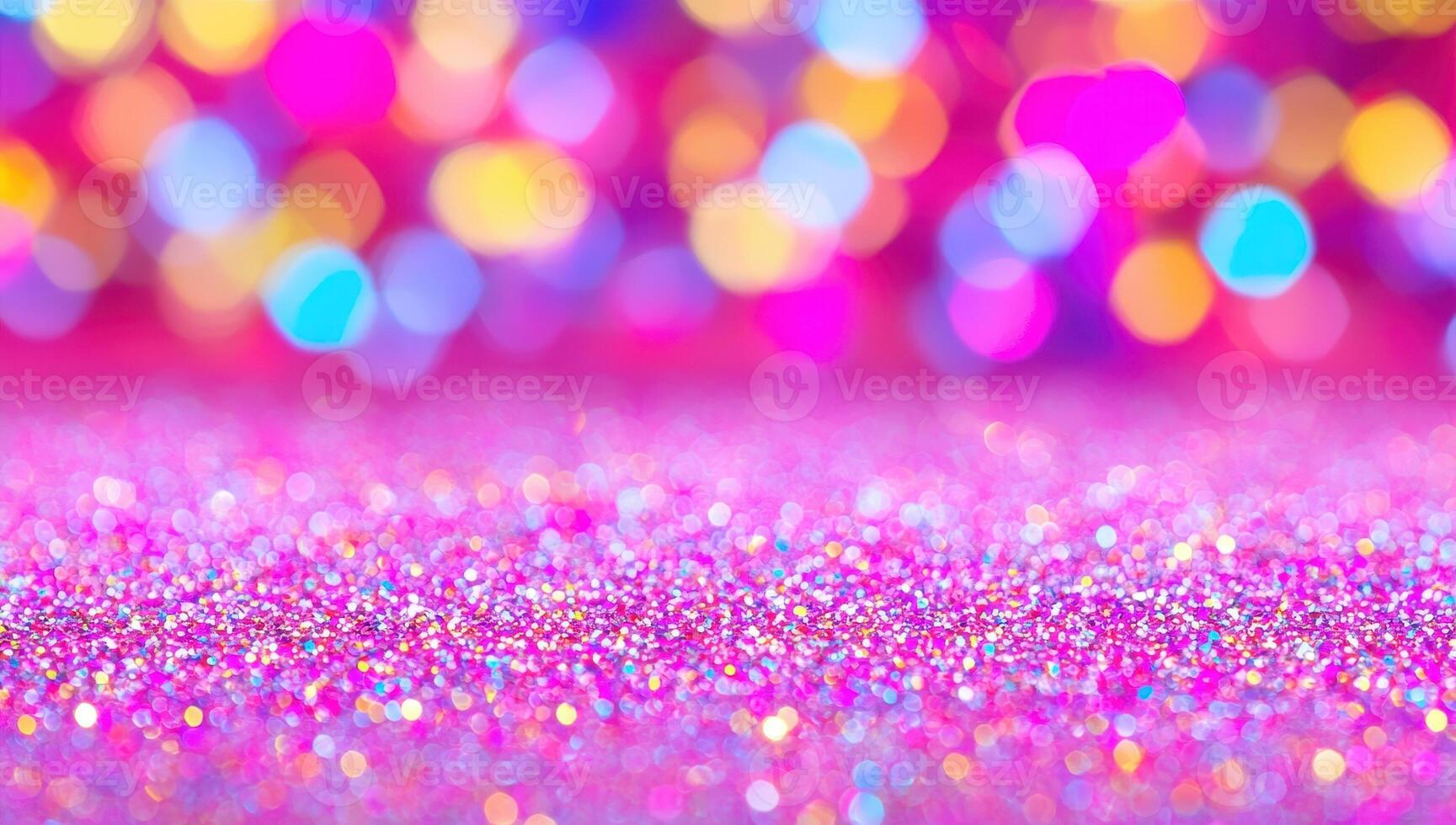 Vibrant pink and purple glitter background with blurred bokeh lights. Concept of party and new year. photo