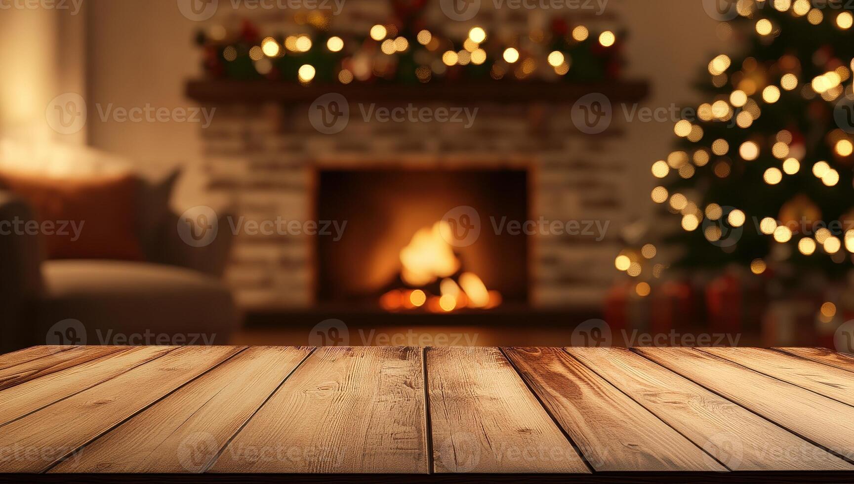Empty wooden table in front of decorated fireplace. Christmas background with space for display product. photo