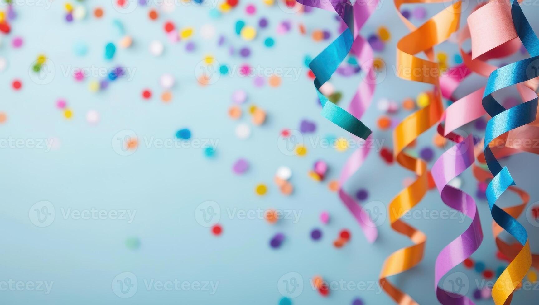 Colorful party streamers and confetti on a blue background with copy space photo