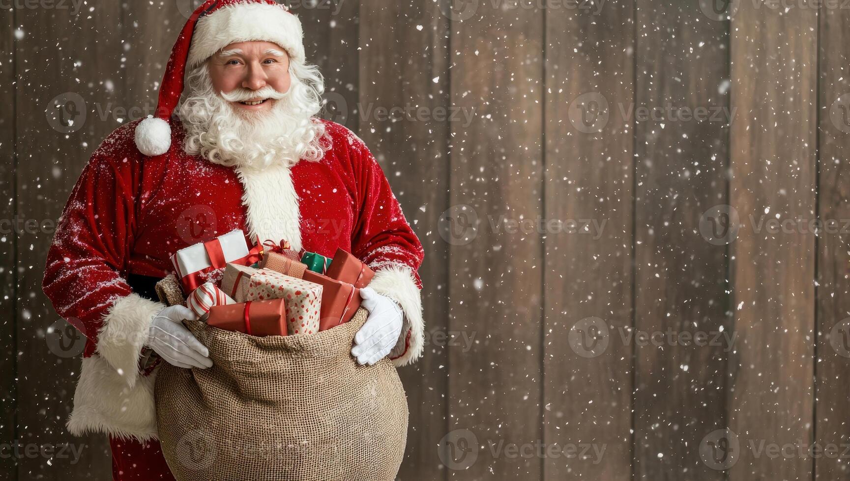 Smiling Santa Claus holding a sack full of gifts against a rustic wooden background. photo