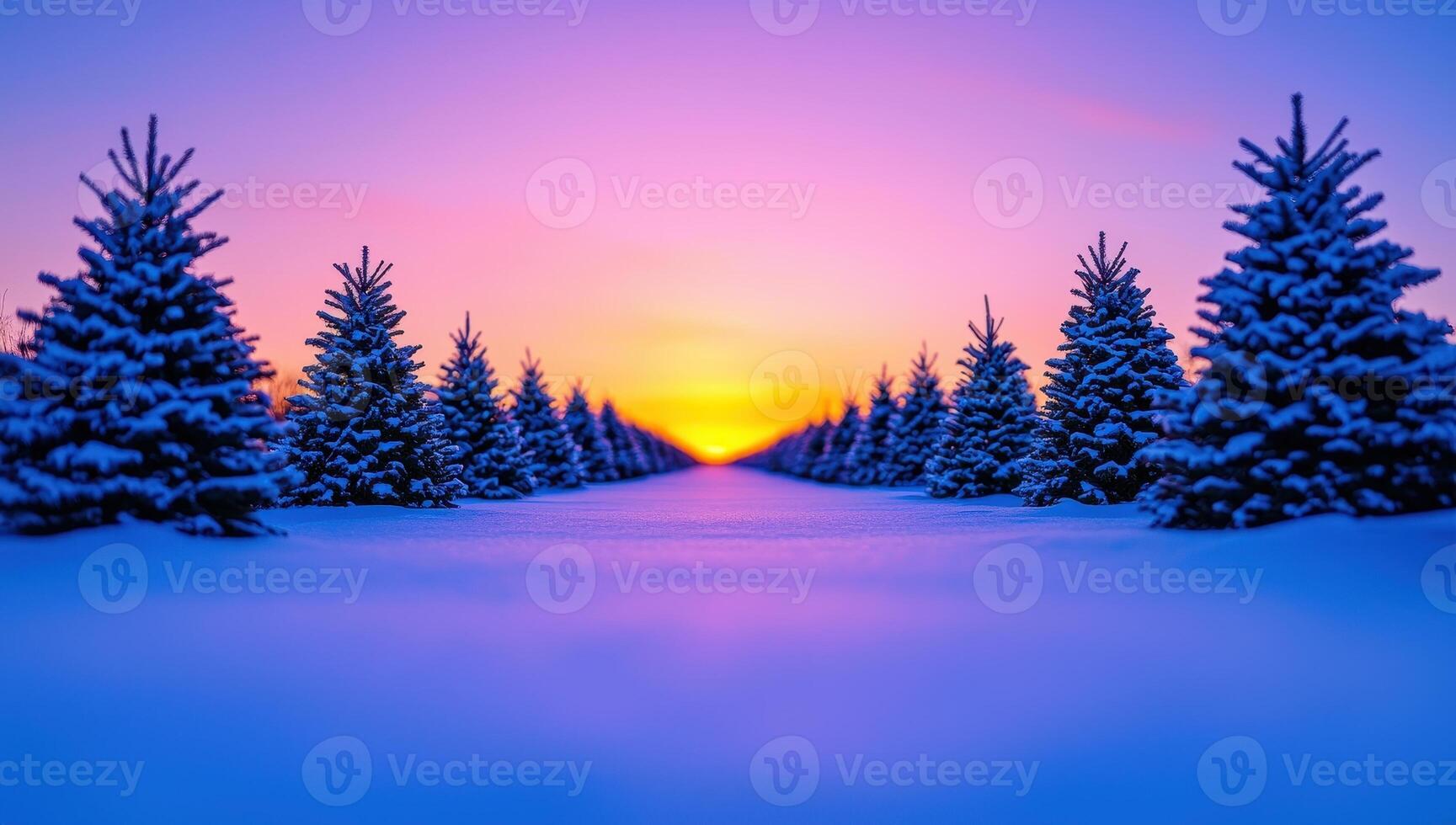 Winter background. Snowy path through a pine tree forest at sunset photo