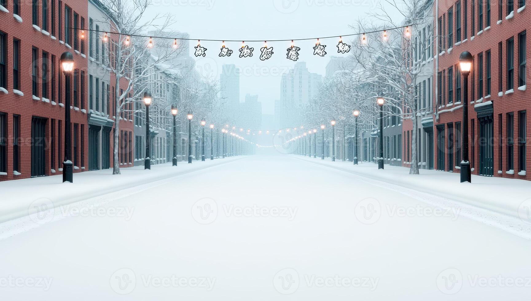 Snowy city street decorated with Christmas lights during a snowstorm. Winter, holiday, festive season. photo