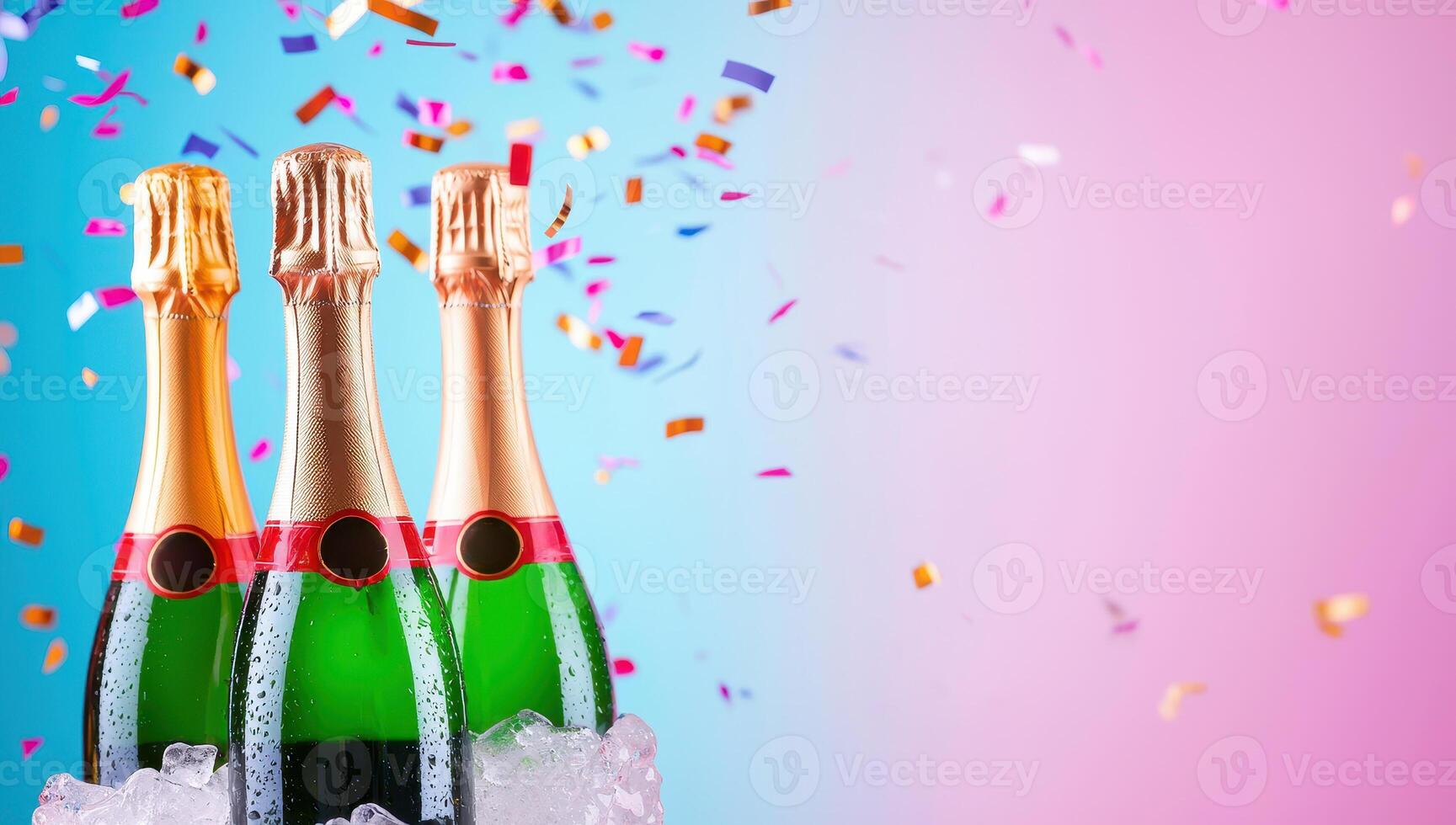 Three champagne bottles chilling in ice bucket with falling confetti on blue and pink background. Celebration, festive, party concept. photo