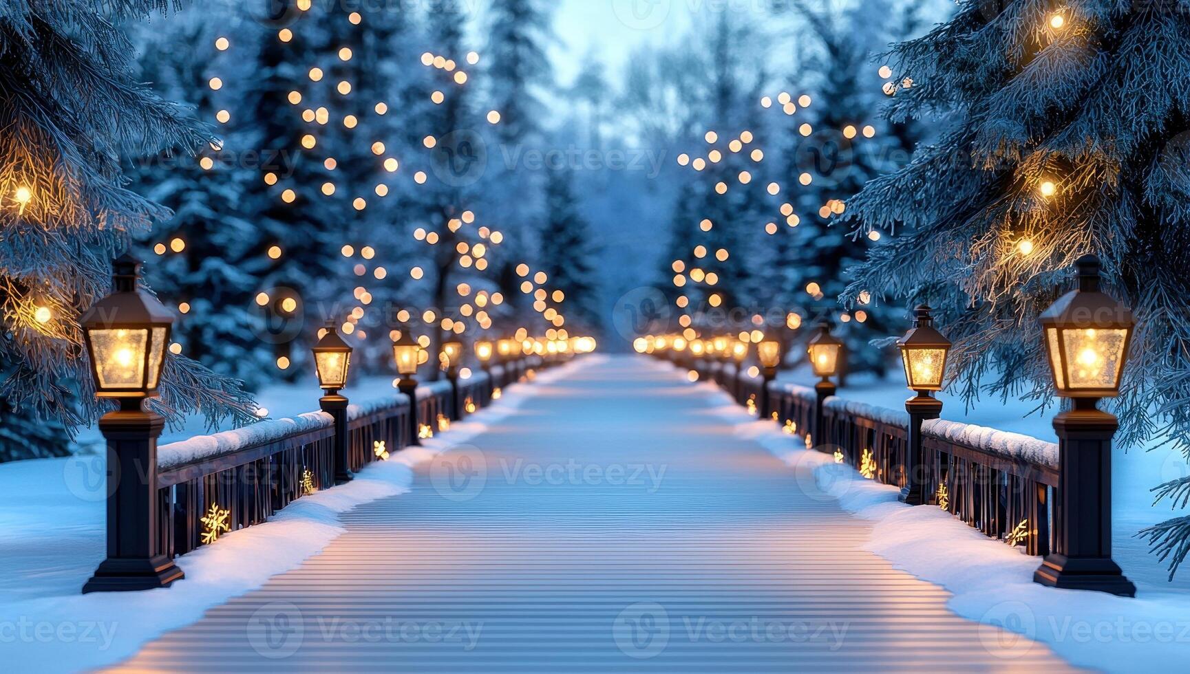 Snowy path lit by streetlights and surrounded by snow covered trees decorated with Christmas lights photo