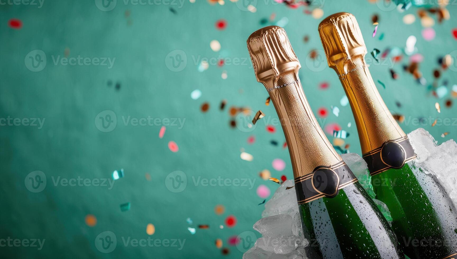 Two bottles of champagne chilling in ice bucket with confetti. photo