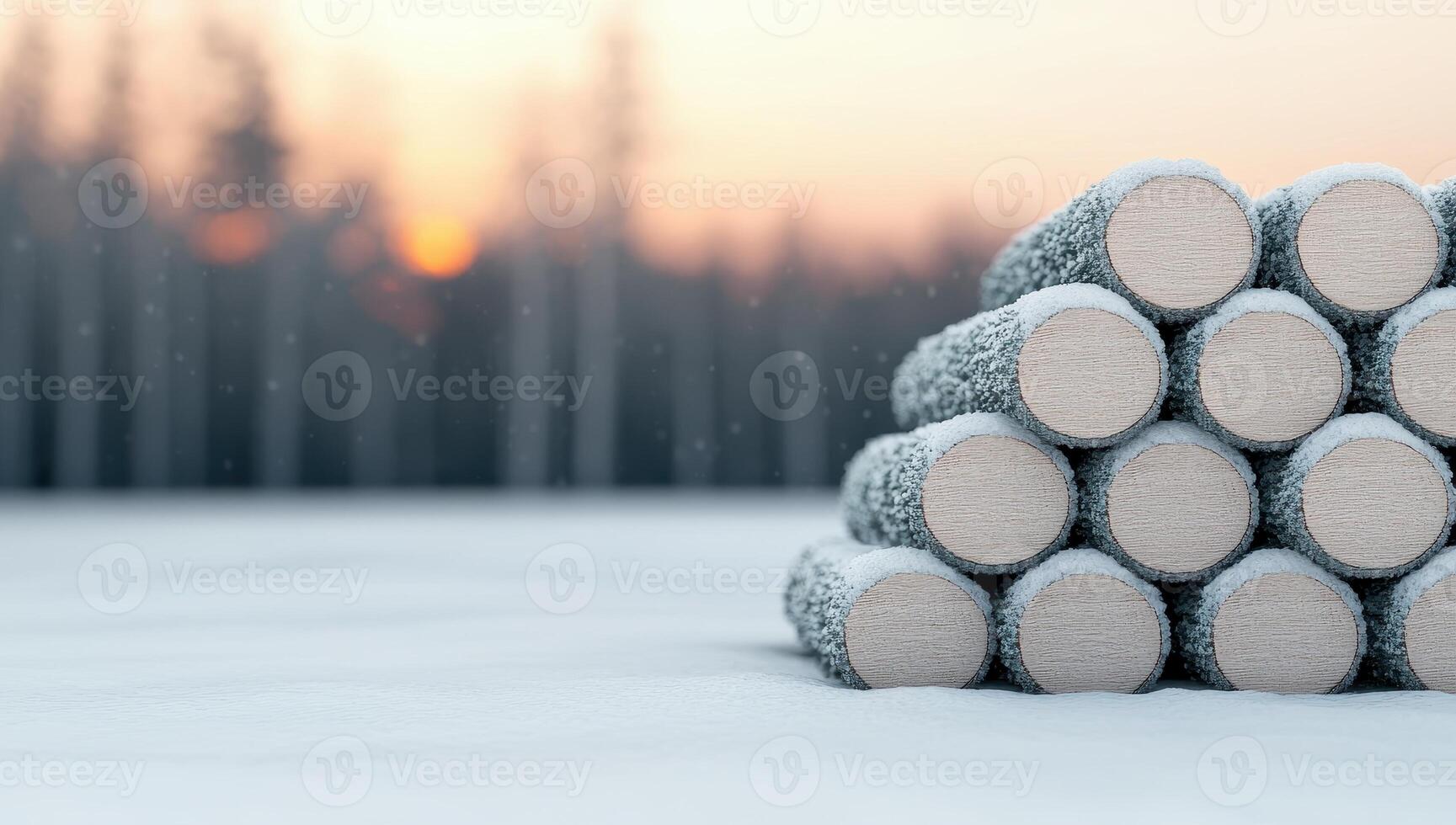 Stack of logs covered in snow in a winter forest at sunset. Concepts of winter, cold, nature, wood, warmth, forestry photo