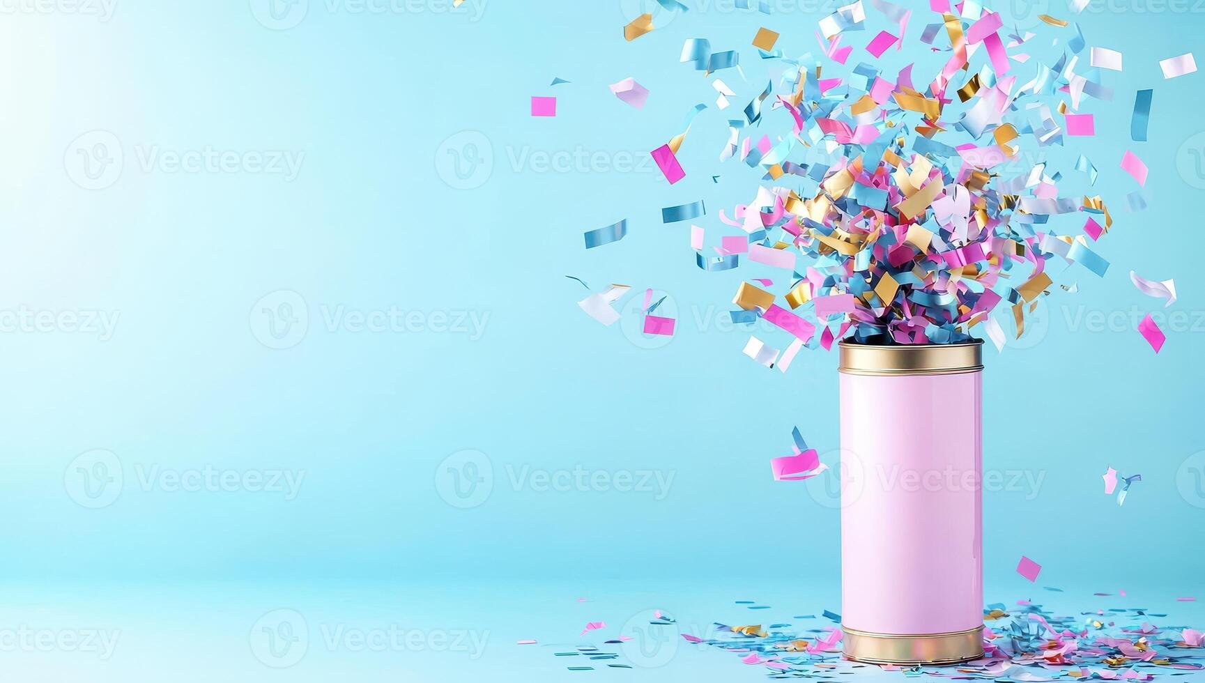 Pink party popper exploding with colorful confetti on a blue background. Celebration, surprise, or festive event concept. photo