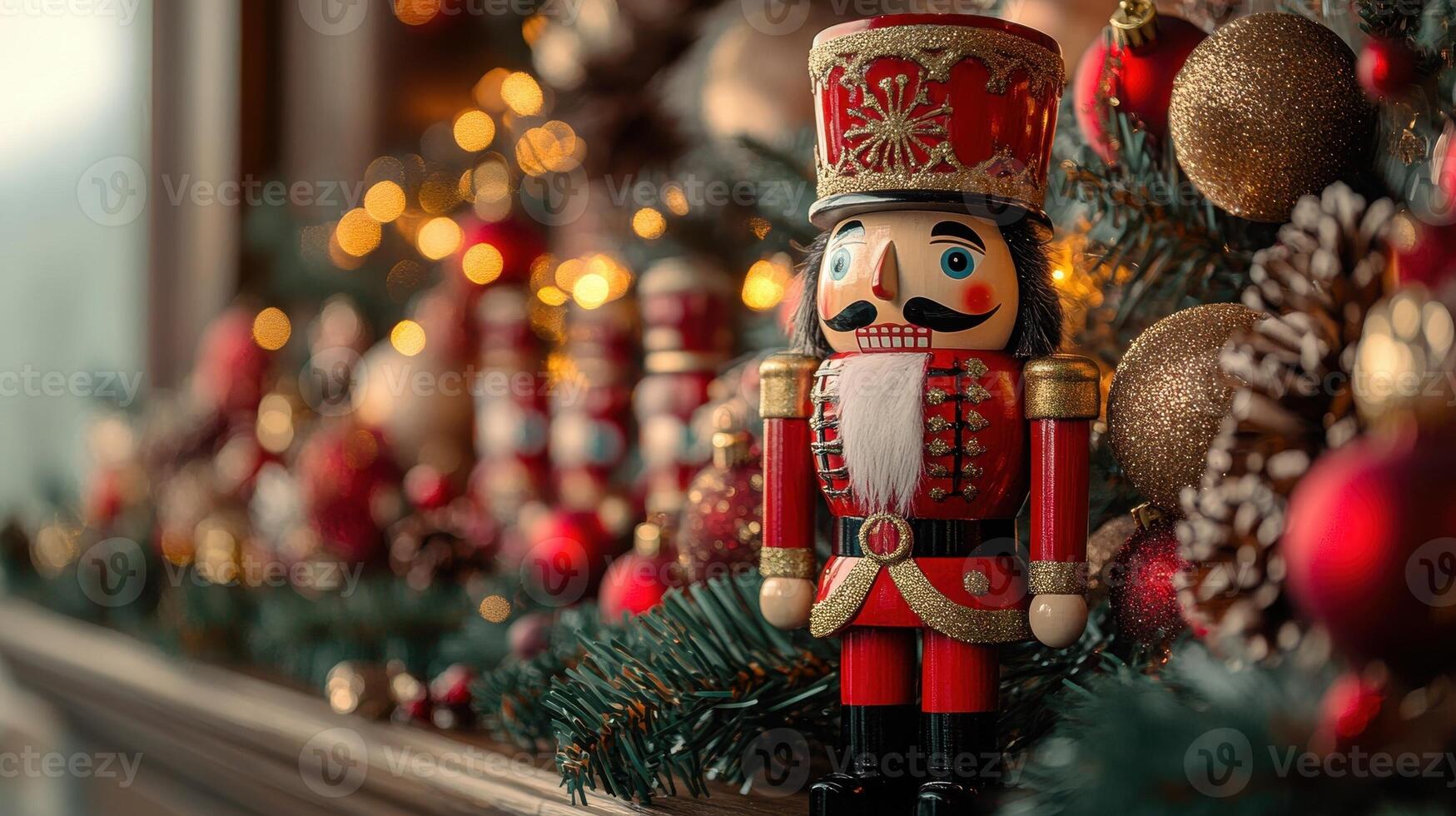 Christmas Nutcracker Decoration with Festive Ornaments and Lights photo