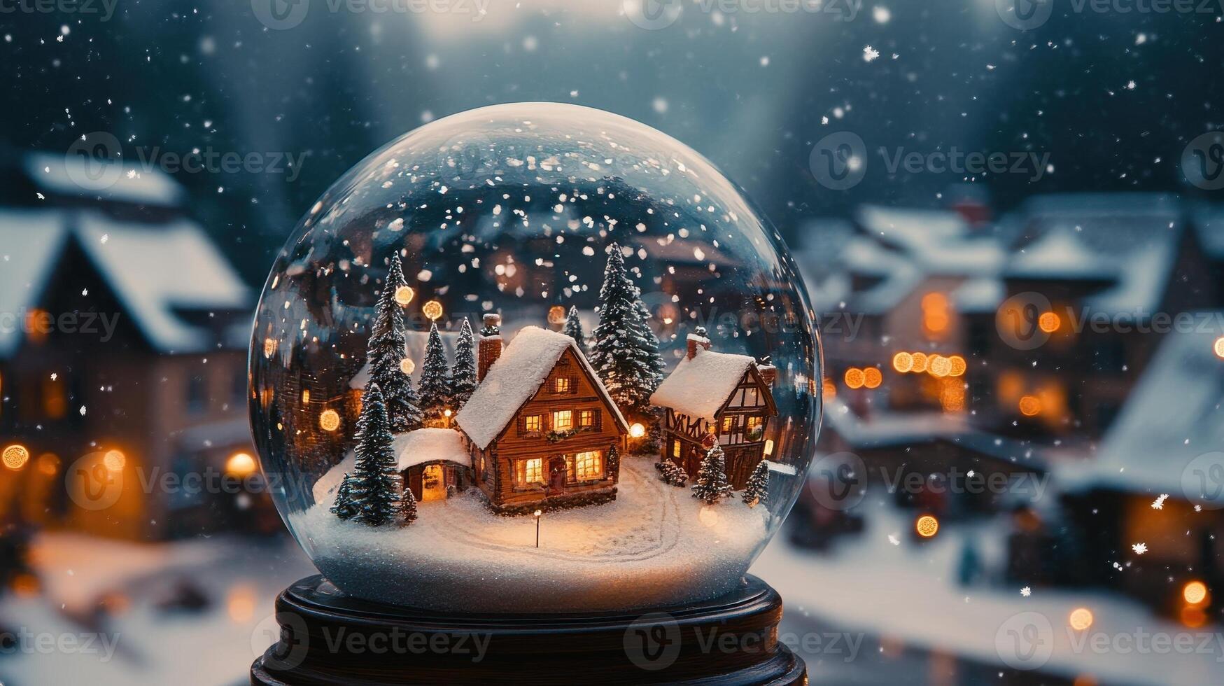 Snow globe featuring a cozy winter village scene with illuminated houses and falling snowflakes. photo