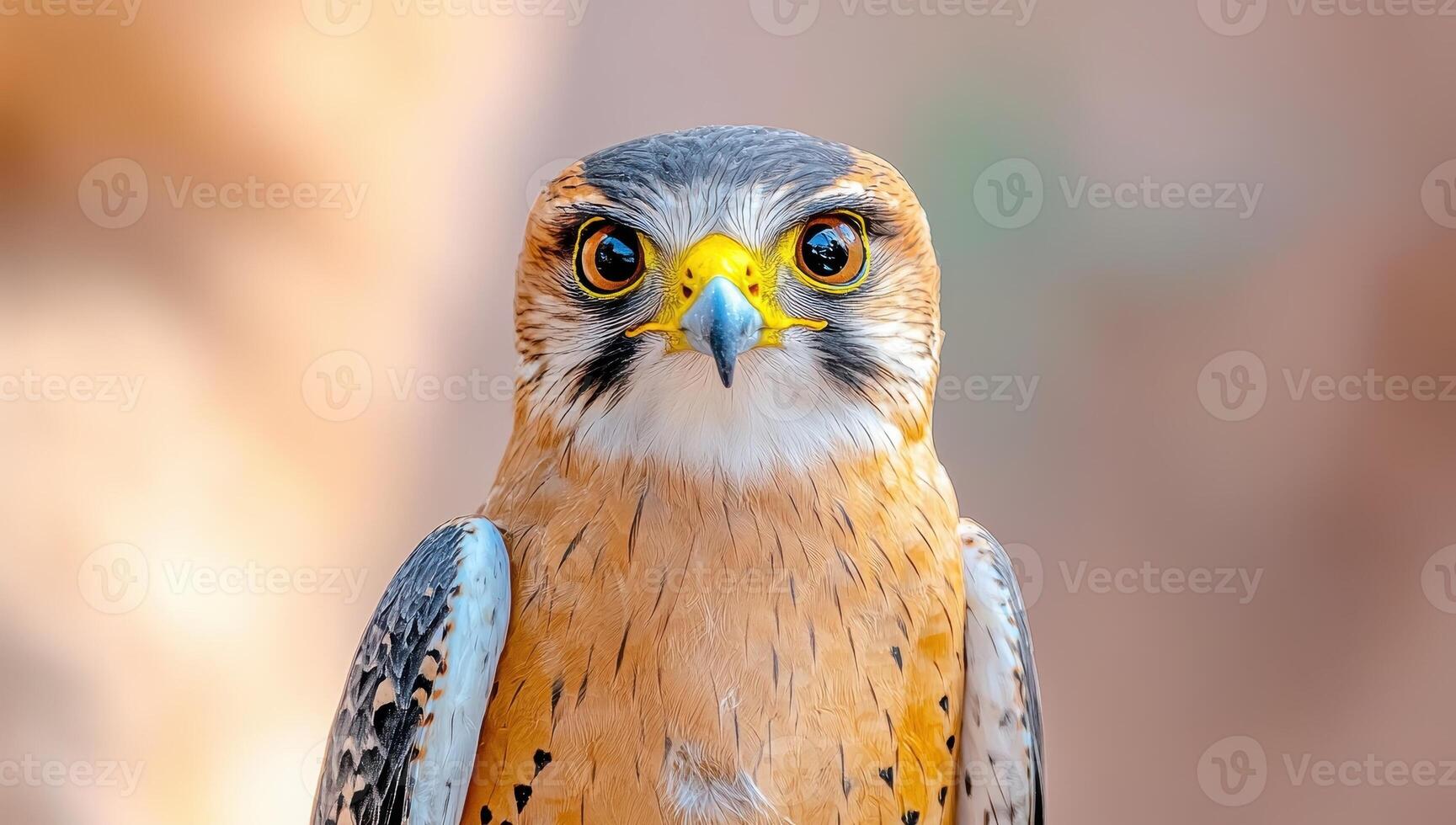 Close up portrait of a Kestrel bird of prey with intense yellow eyes. photo