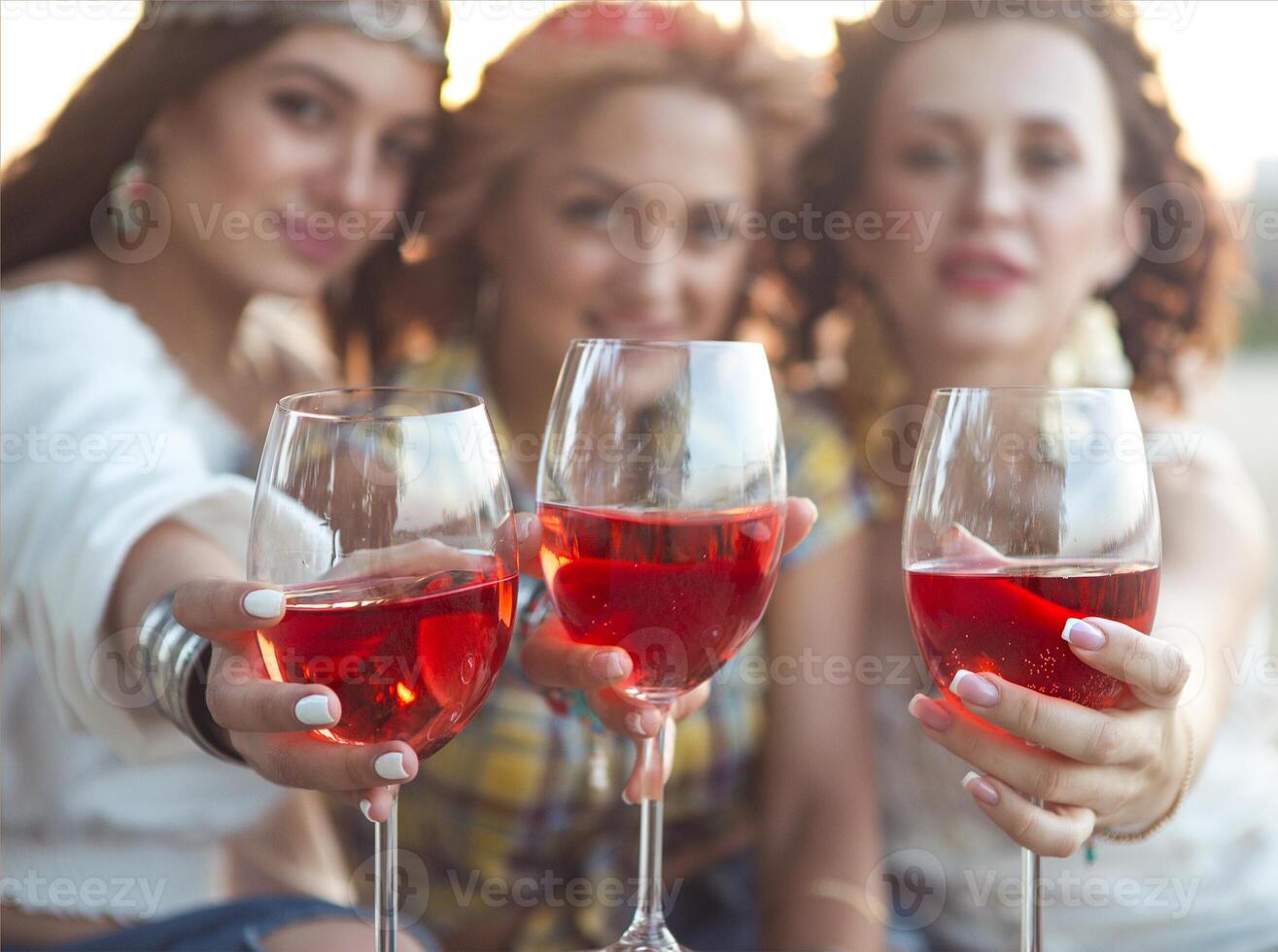 Female friends with glass of rose wine on summer beach picnic photo
