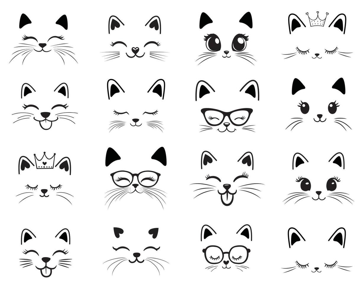Set of Cute Cat Face illustration - Meow Face Outline Design vector