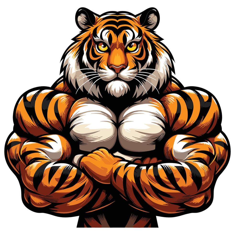 Majestic Muscular Tiger Illustration Tiger with a Bodybuilder Physique in Cartoon Style vector