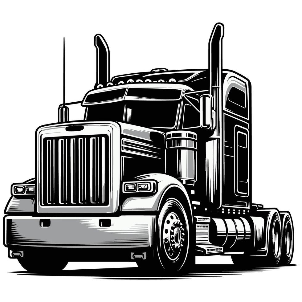 Heavy Duty Classic Semi Truck with Bold Grille and Exhaust Stacks in Monochrome Illustration vector