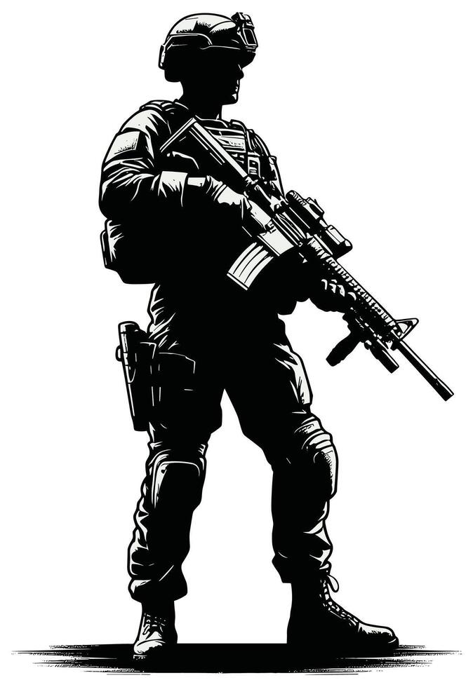 Armed Soldier Silhouette Illustration Perfect for Defense, Security, and Military Campaigns vector