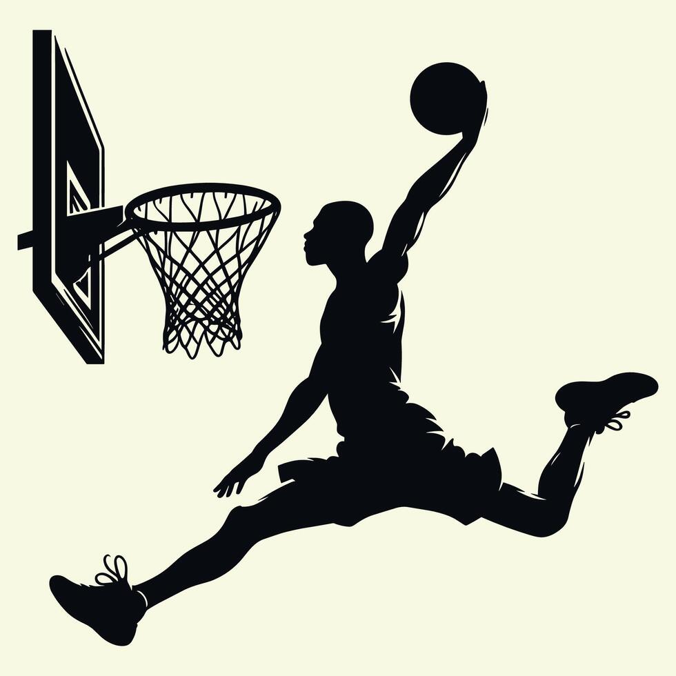 Silhouette of a Basketball Player Dunking in Mid Air During an Exciting Game Moment vector