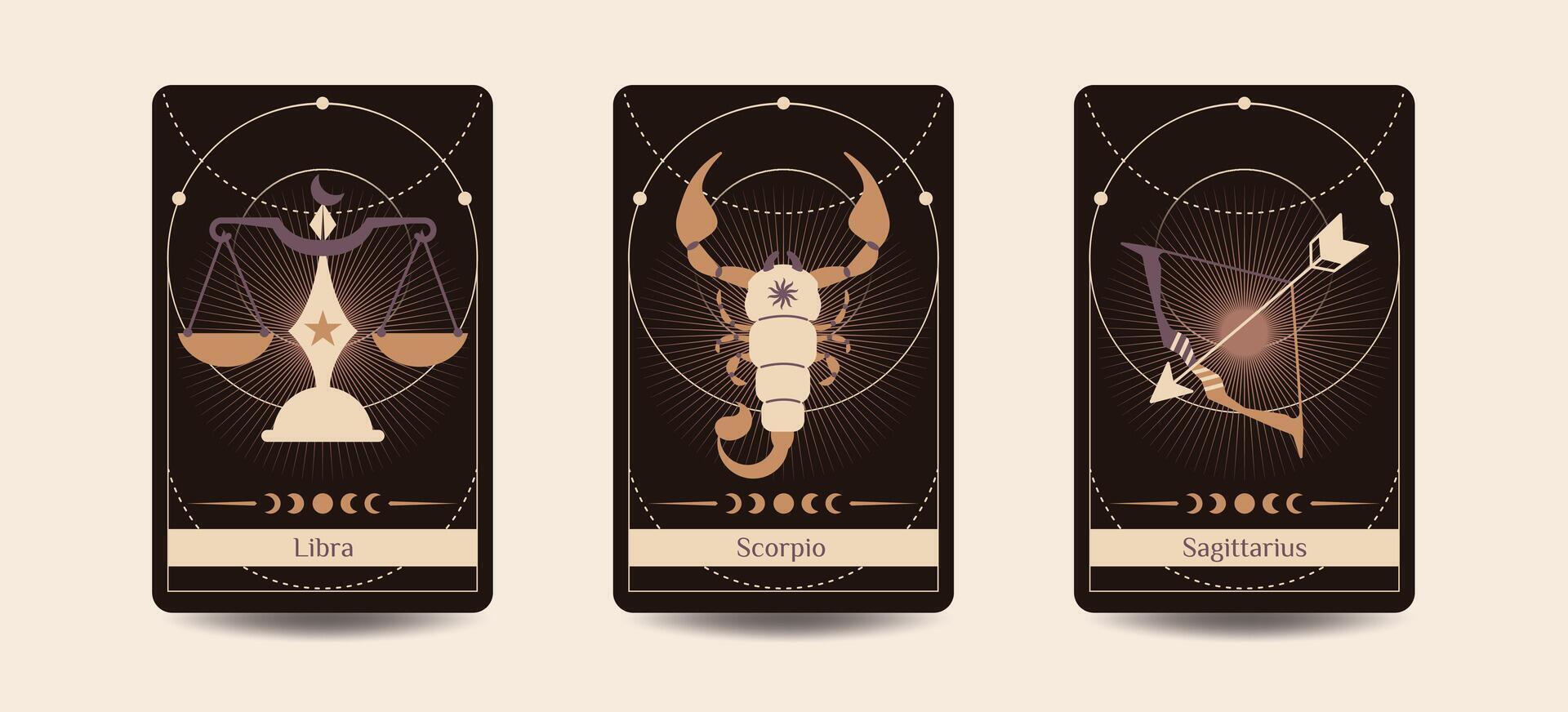 Libra, Scorpio, and Sagittarius zodiac symbols are hand-drawing styles on a dark brown background, Fit for paranormal, tarot readers, and astrologers vector