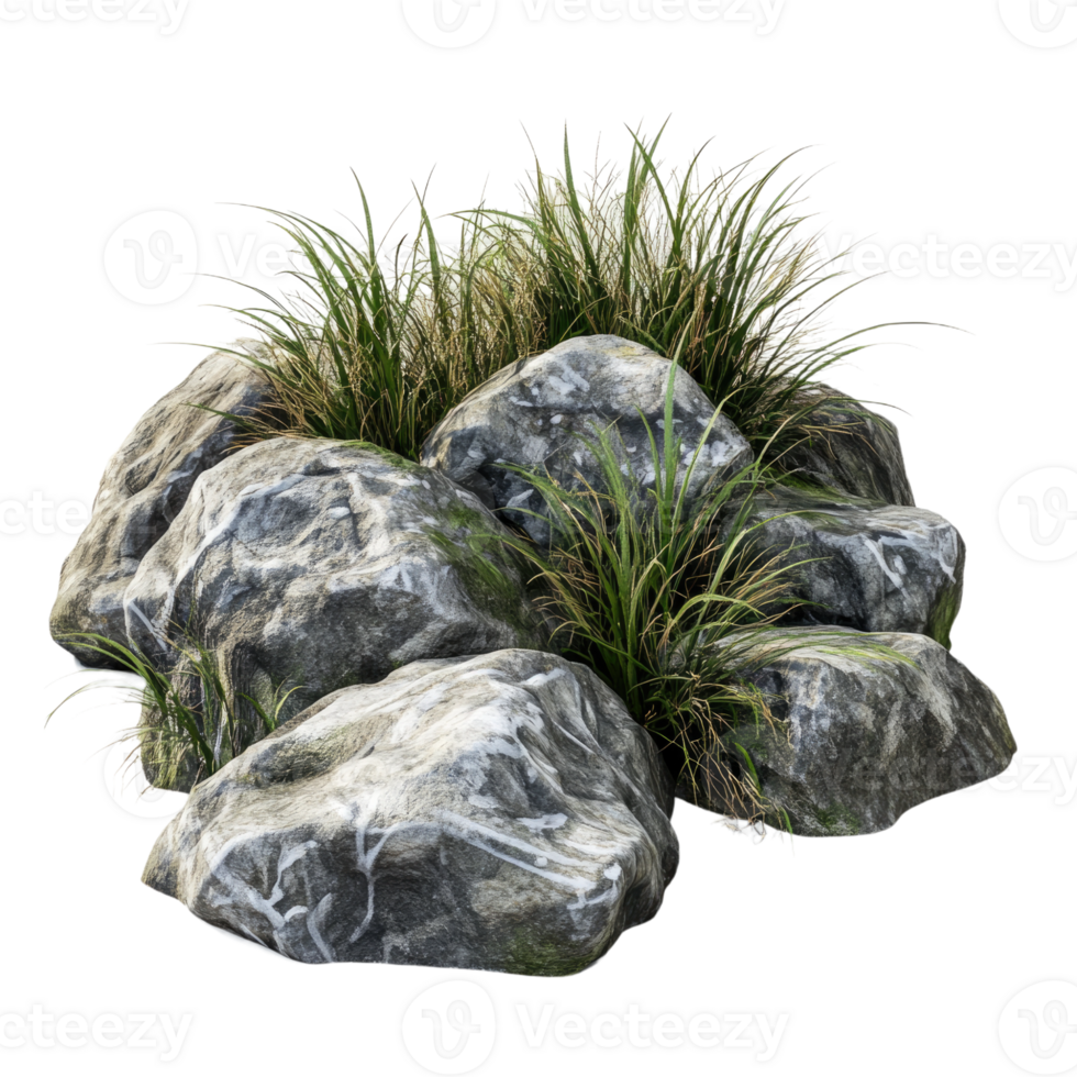 different types of rocks with grass, on a Transparent background png