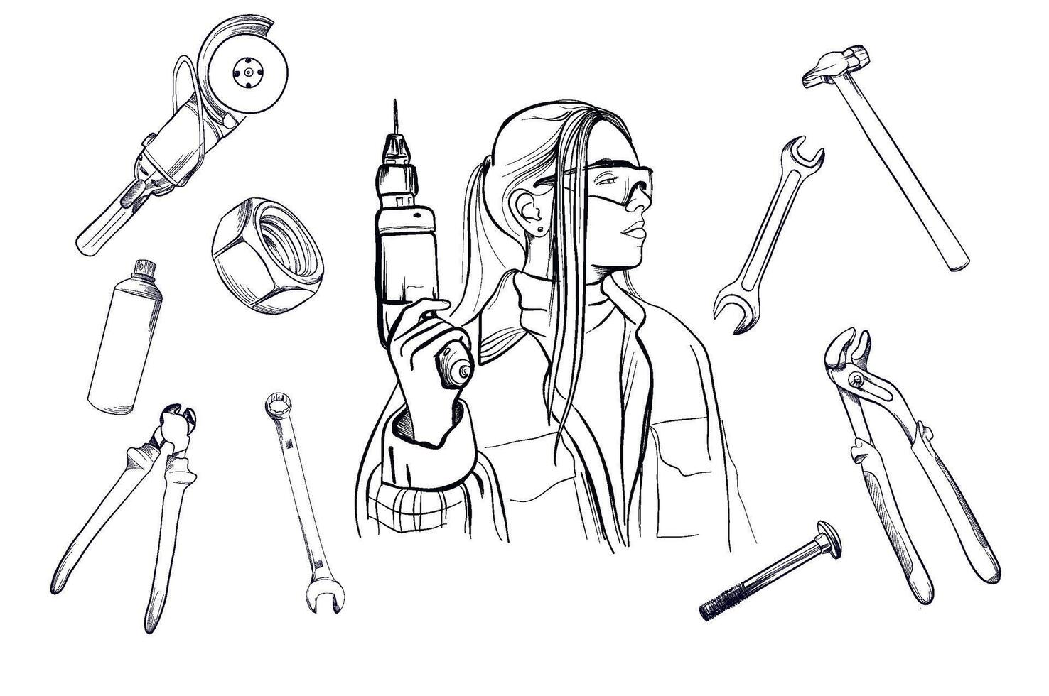 a set of black and white hand-drawn drawings of a girl with a handyman's drill surrounded by construction tools vector