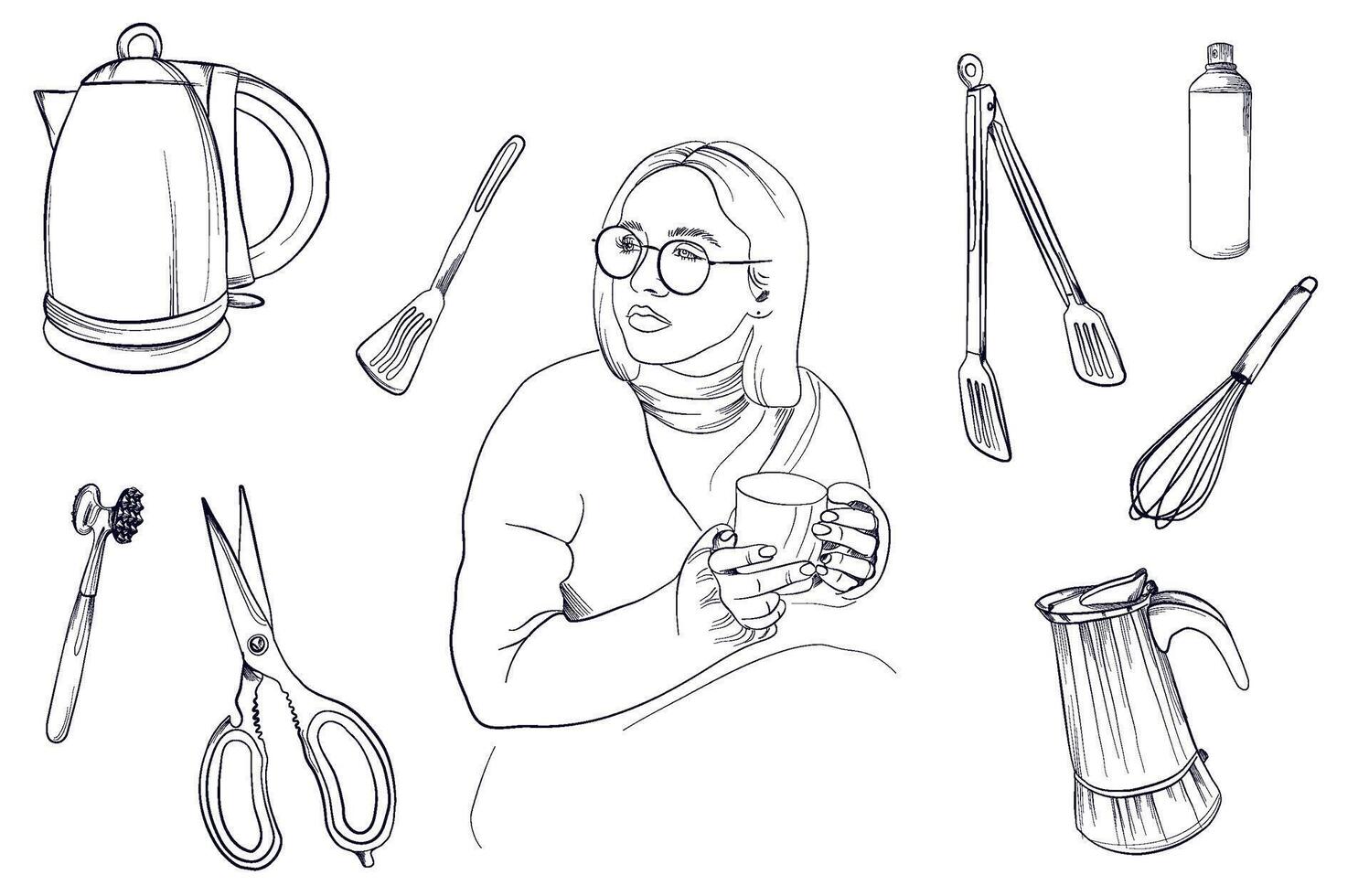 set of hand-drawn of a girl with a mug in her hands surrounded by objects for cooking vector