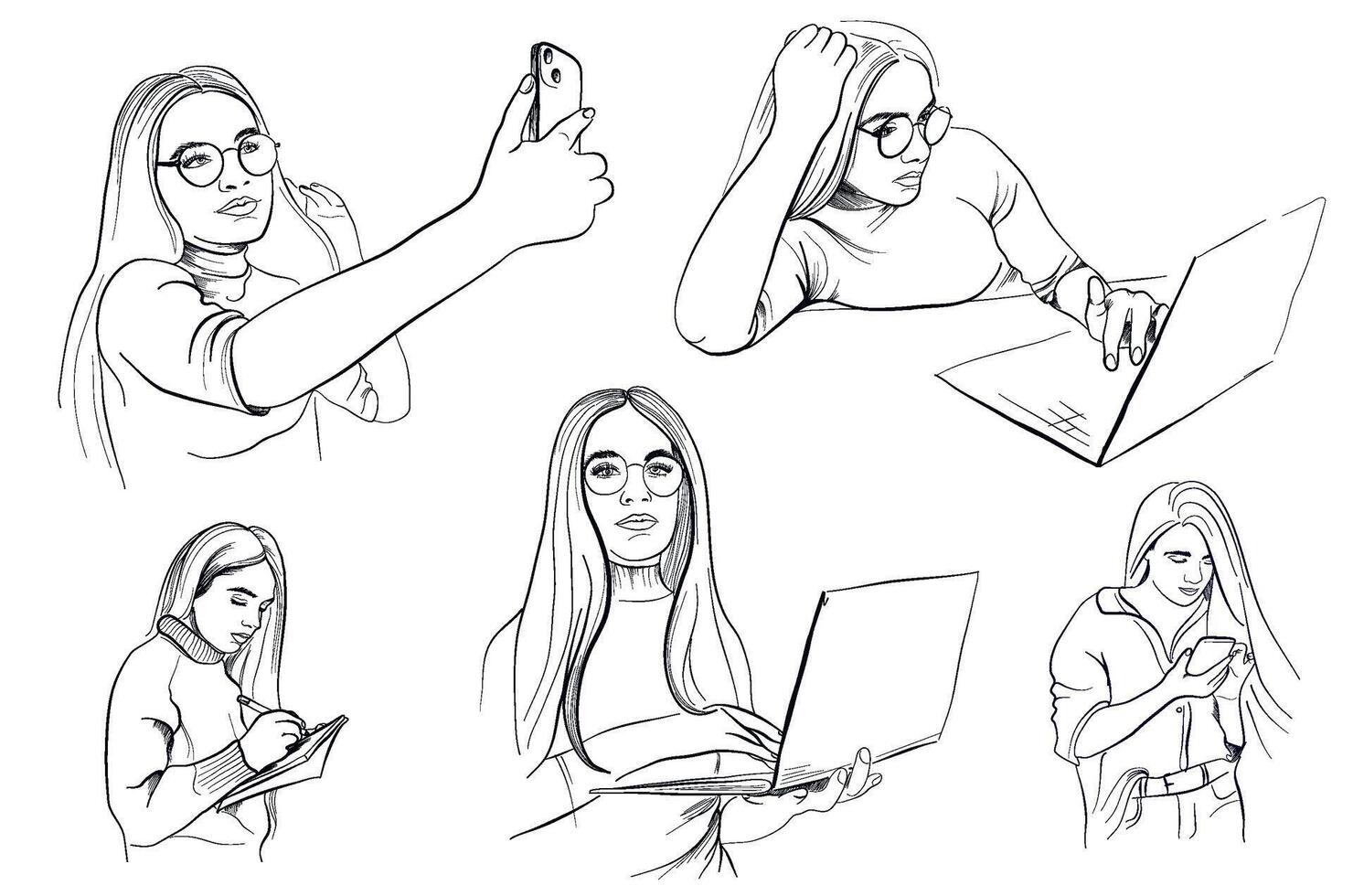 a set of hand-drawn drawings of a girl taking selfies, working on a laptop, writing in a notebook, writing in a smartphone vector