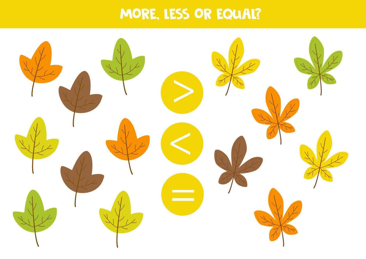 More, less, equal with cartoon colourful leaves. Colorful worksheet. vector