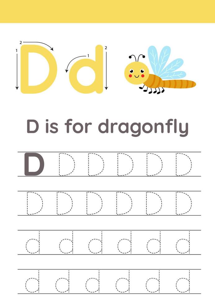 Tracing alphabet letters for kids. Insects alphabet. D is for dragonfly. vector