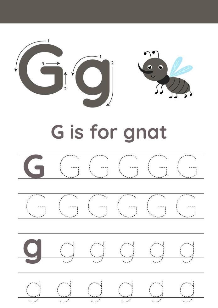 Tracing alphabet letters for kids. Insects alphabet. G is for gnat. vector