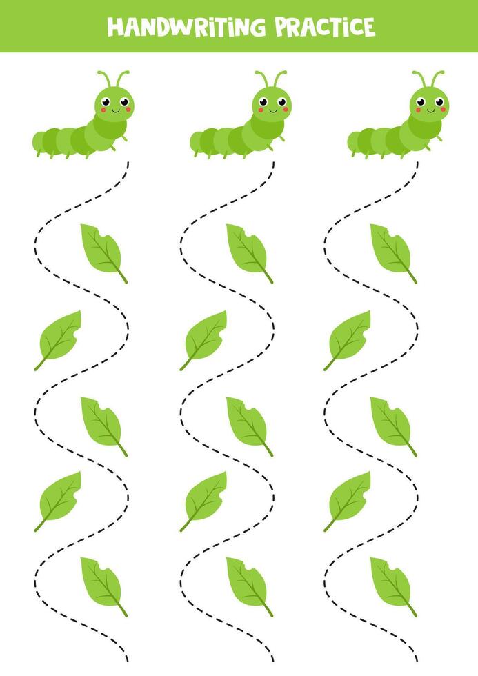 Tracing lines for kids. Cartoon cute caterpillars and green leaves