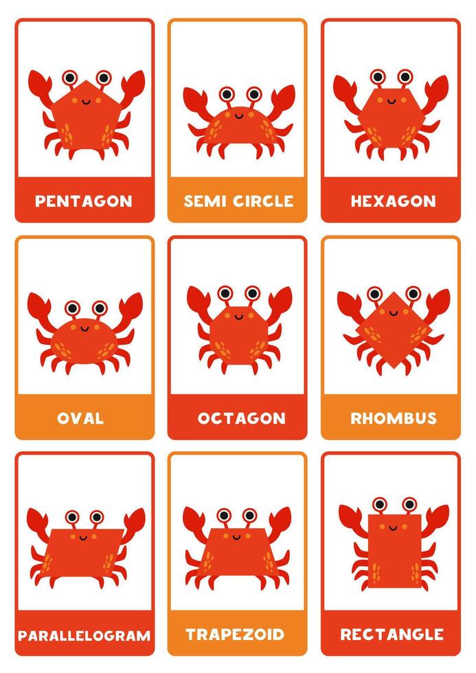 Red crabs in geometrical shapes. 2d shapes with names. vector