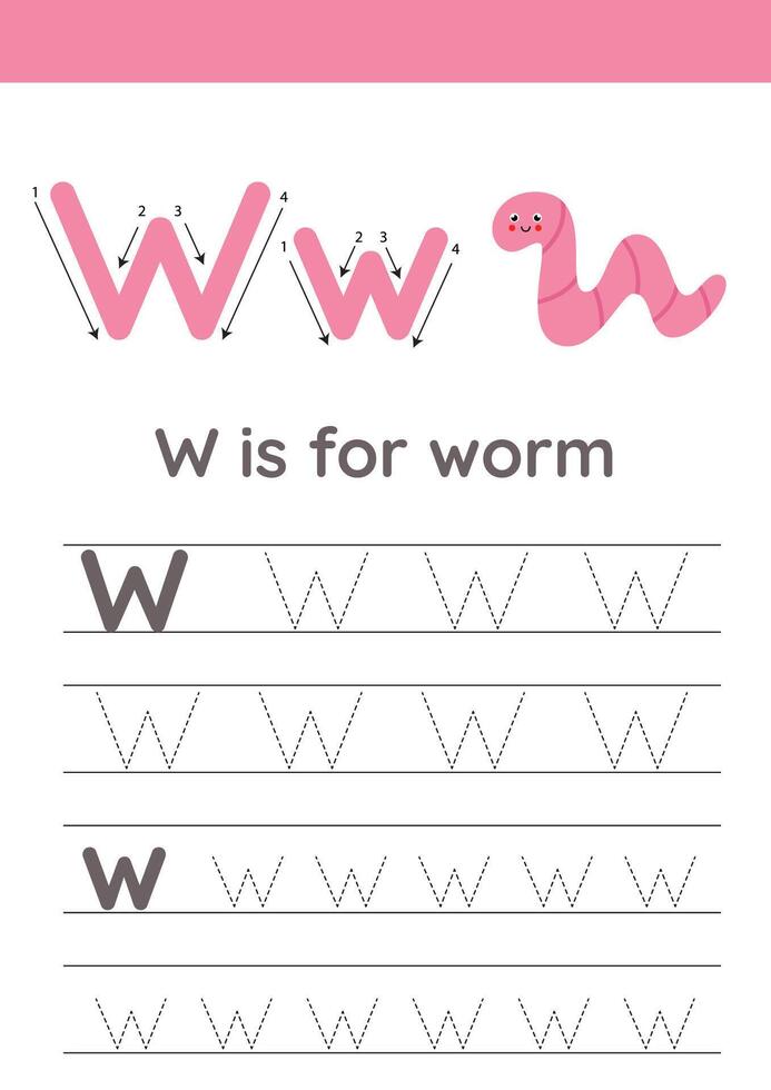 Tracing alphabet letters for kids. Insects alphabet. W is for worm. vector