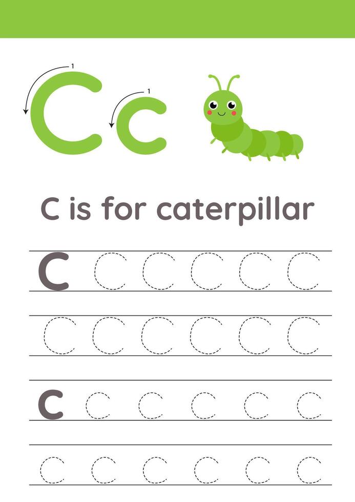 Tracing alphabet letters for kids. Insects alphabet. C is for caterpillar. vector