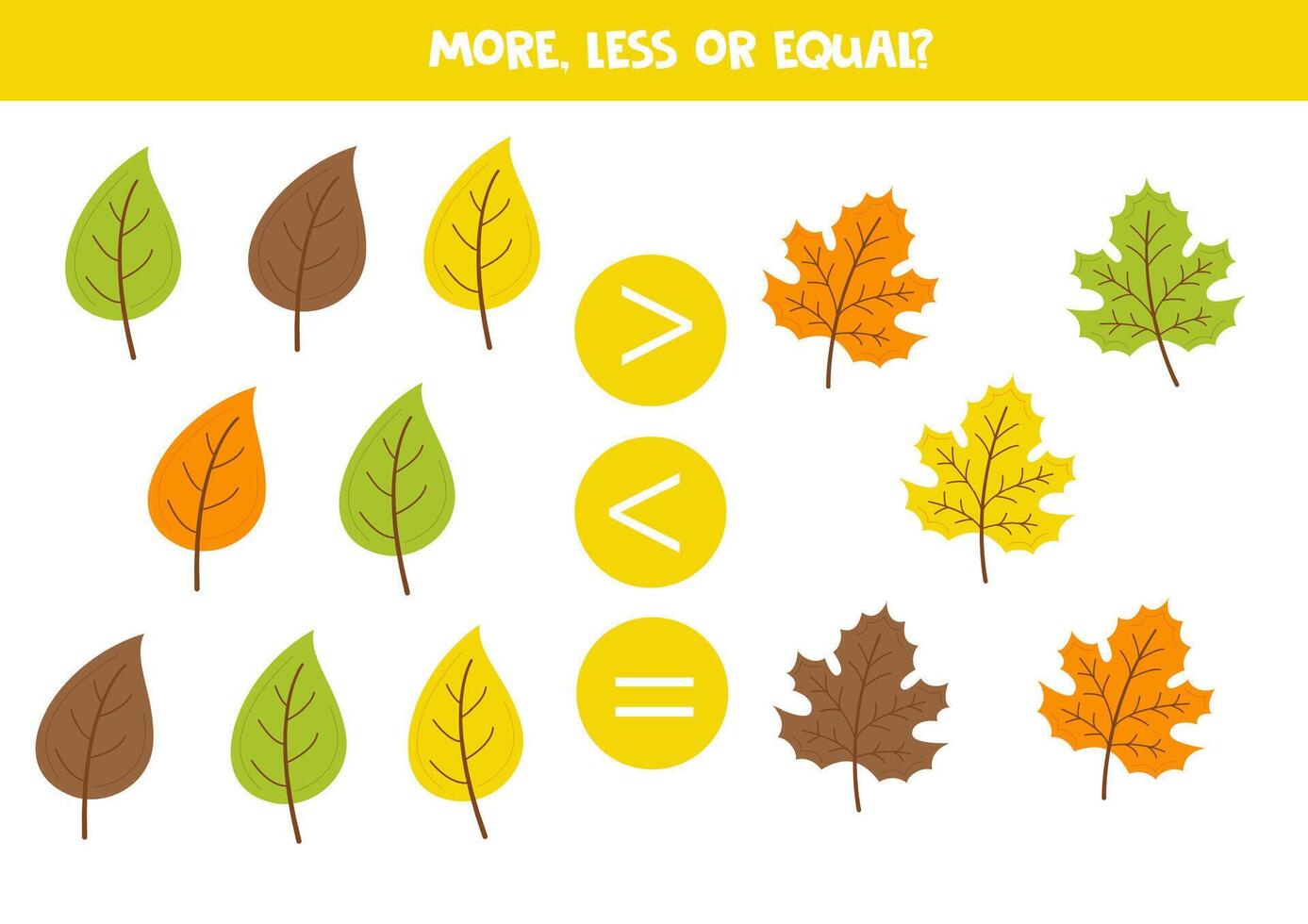More, less, equal with cartoon colourful leaves. Colorful worksheet. vector