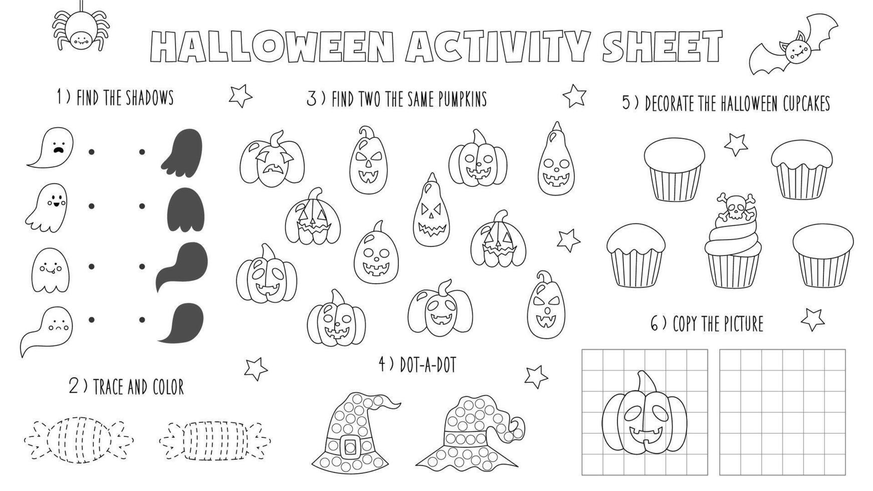 Halloween playmat for kids. Halloween activity sheet. Black and white worksheet. vector