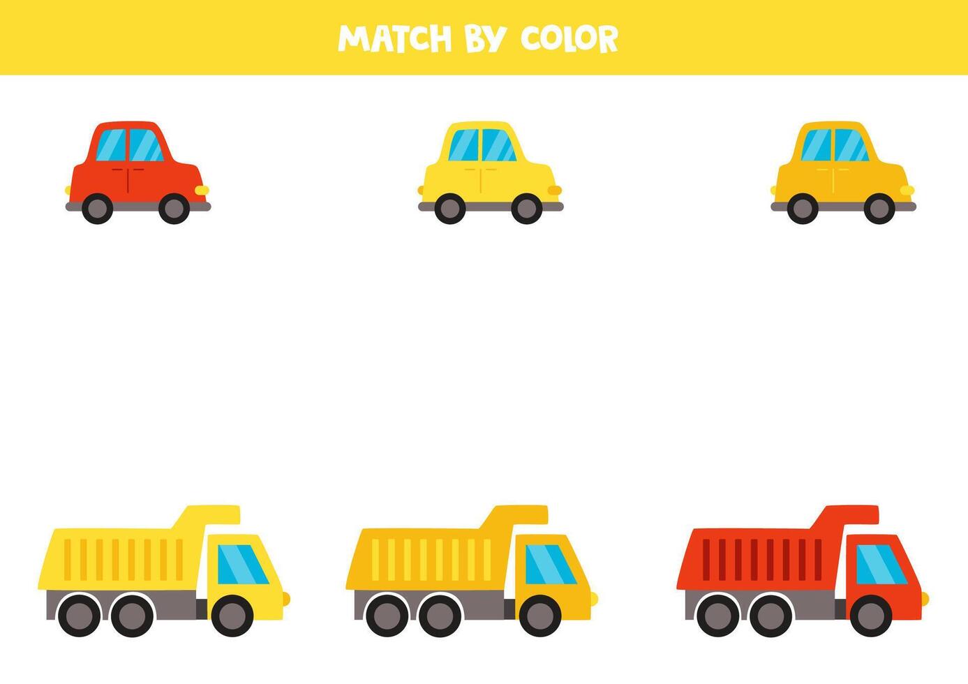 Color matching game for preschool kids. Match trucks and cars by colors. vector