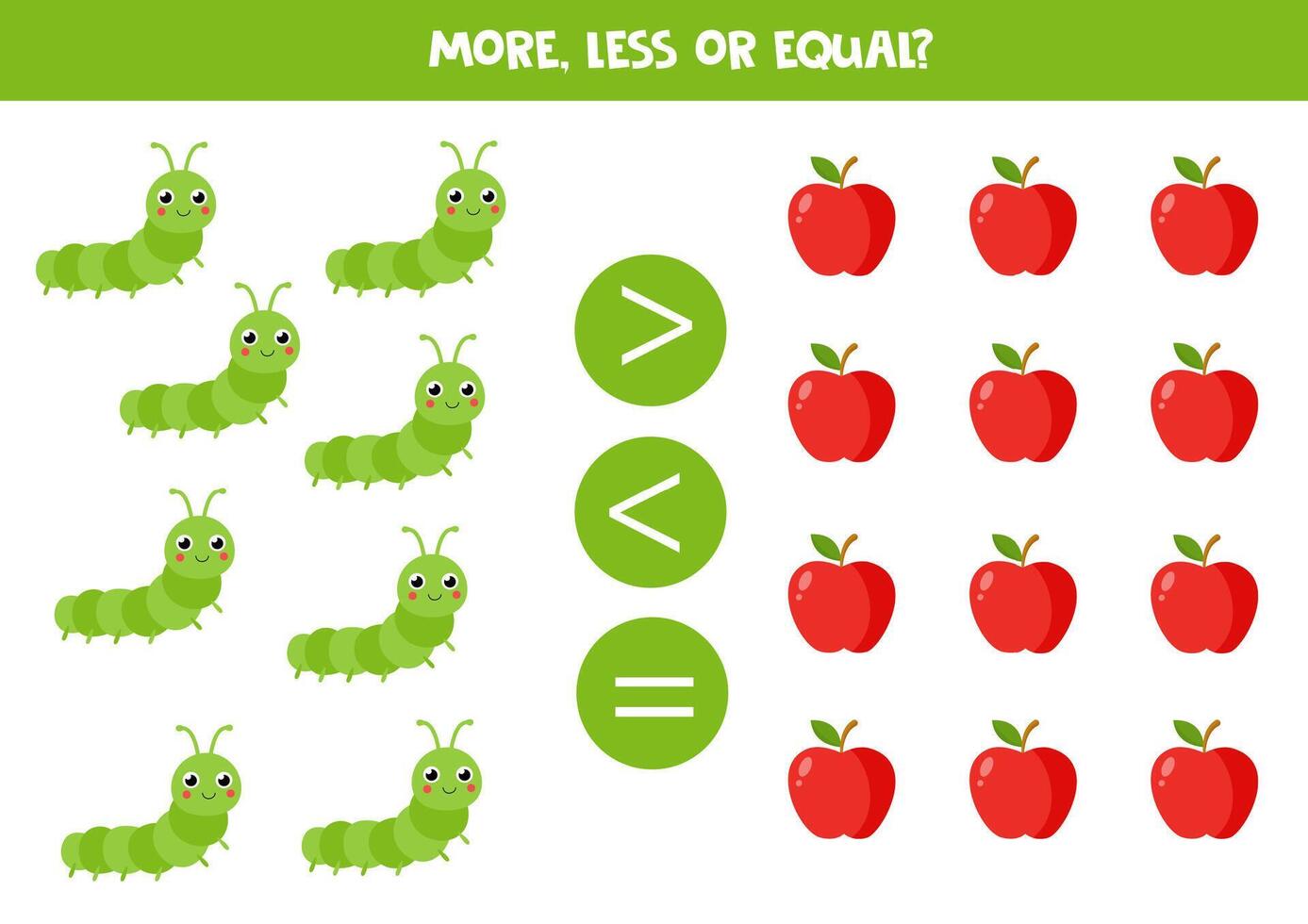 More, less, equal with cartoon caterpillars and red apples. Colorful worksheet. vector