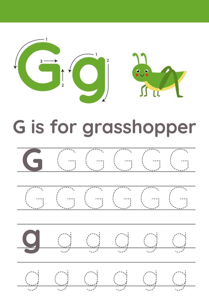 Tracing alphabet letters for kids. Insects alphabet. G is for grasshopper. vector
