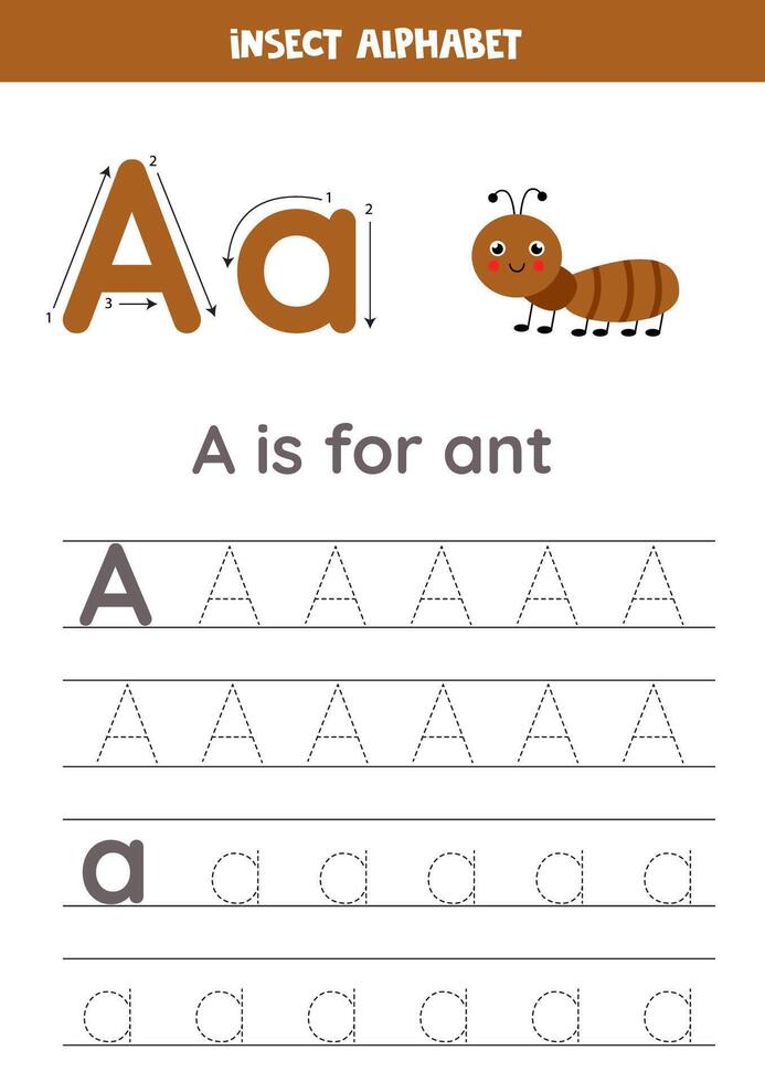Tracing alphabet letters for kids. Insects alphabet. A is for ant. vector