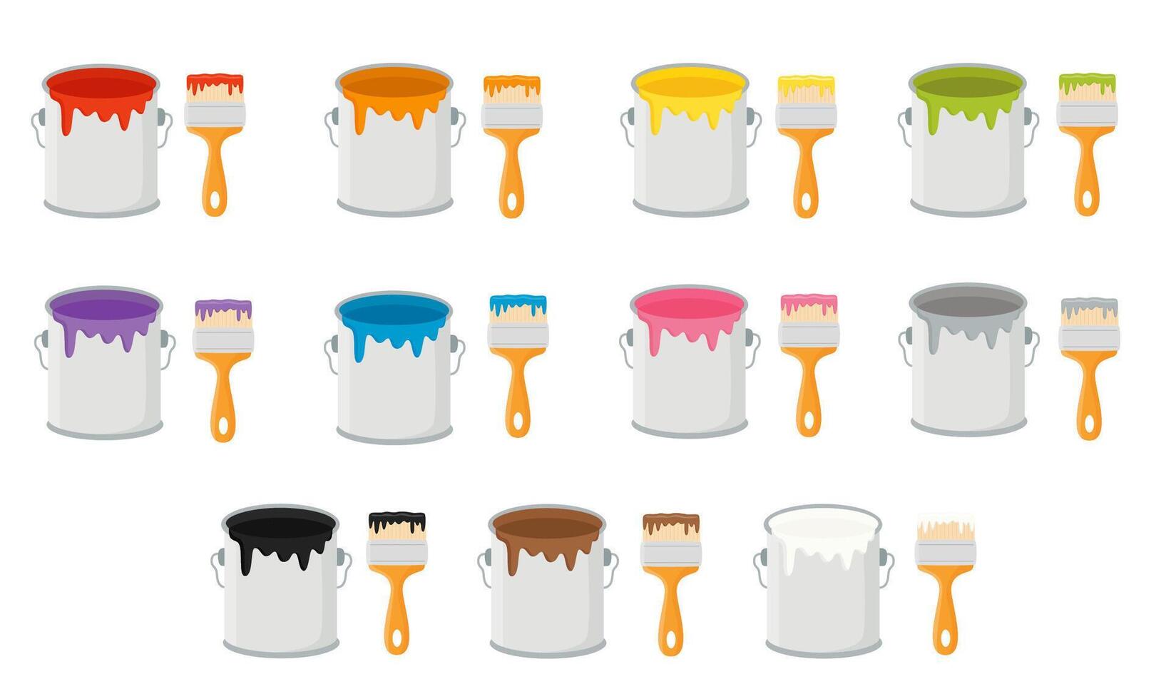 Set of colorful paint cans and paint brushes. vector